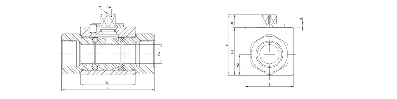 Technical drawing of hydraulic ball valve - showing dimensions and structural details, suitable for industrial hydraulic systems