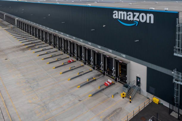 Aerial view of loading bays at a large Amazon warehouse