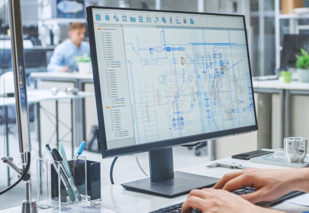 Engineer Working with CAD Software on Desktop Computer on Industrial Design