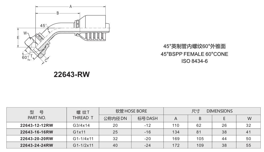 22643 45° BSPP Female 60° Cone Hydraulic Hose Fitting (22643-RW Series) Technical Drawing-Taske