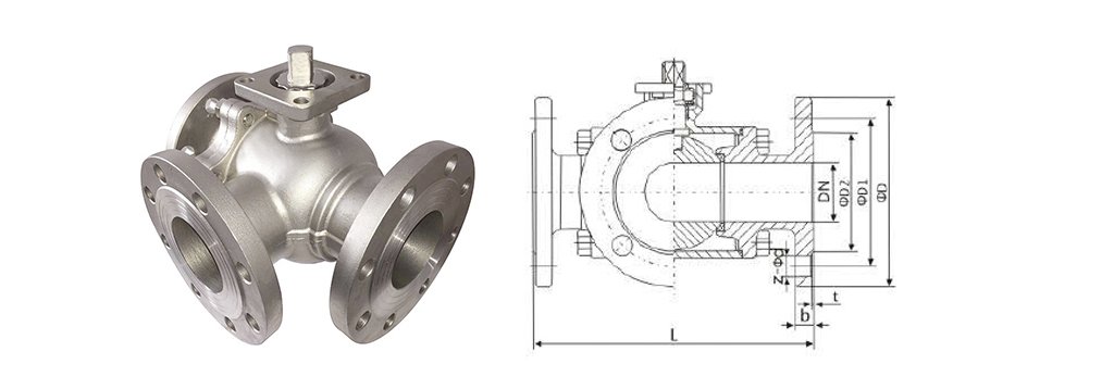 3 Way Flange Manual Ball Valve Technical Drawing