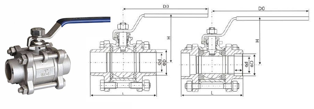 Ball Valve 3PC Female Thread Technical drawing