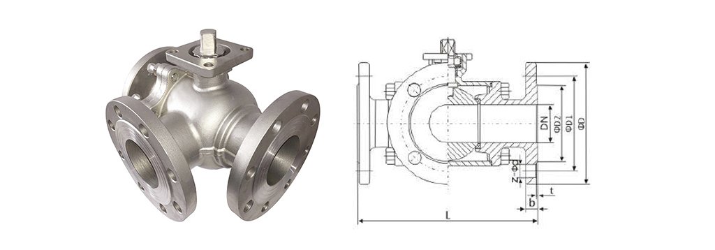 CF8 3 Way Flange Ball Valve Technical Drawing