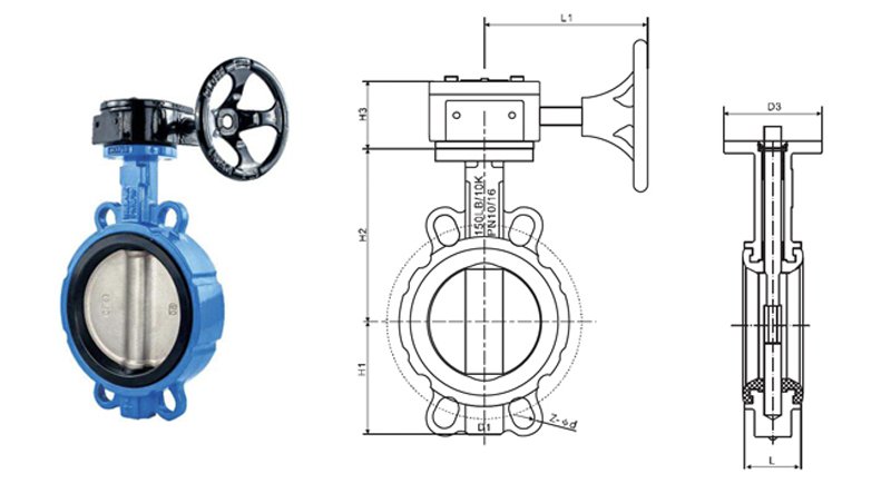 Gear Operated Wafer Butterfly Valve Technical Drawing